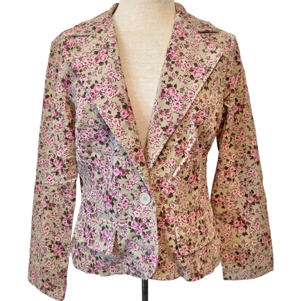Vintage Y2K Floral Blazer Jacket Pink Tan Beige Flower Rose Button Size Large L